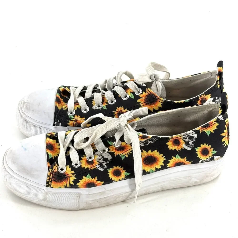 Hot Topic Sunflower Skull Sneakers 10 Black Yellow Whimsy Fairy Goth Grunge